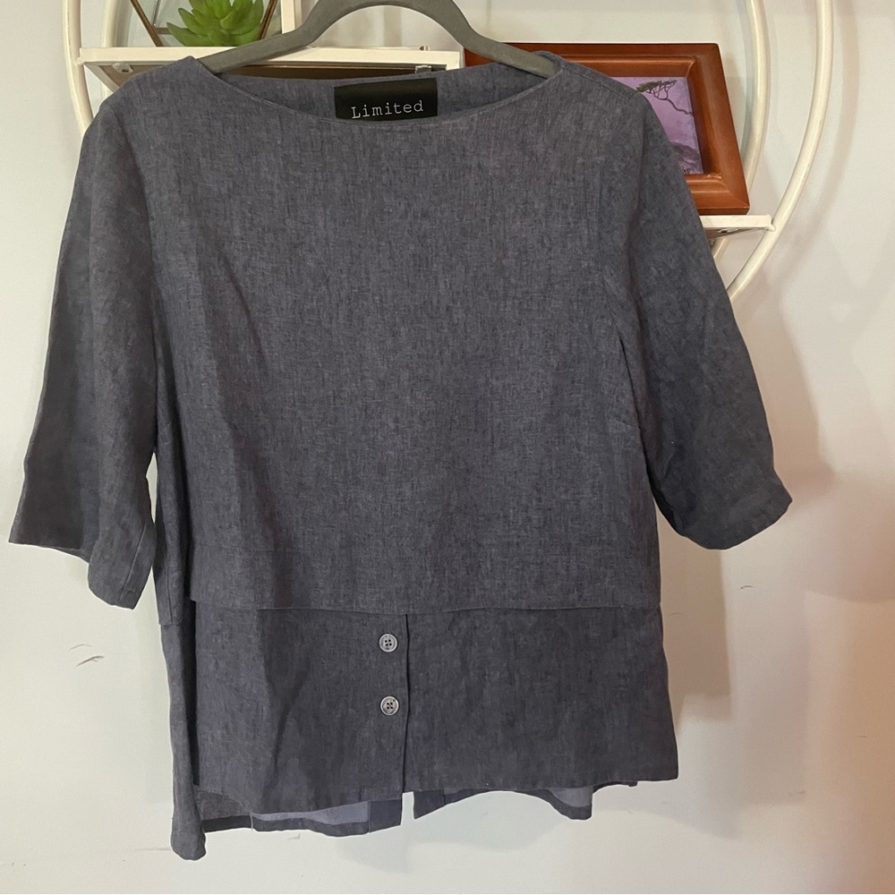 Limited by Ronan Chen Women's 2 Blue Minimalist Linen Short Sleeve Blouse Shirt
